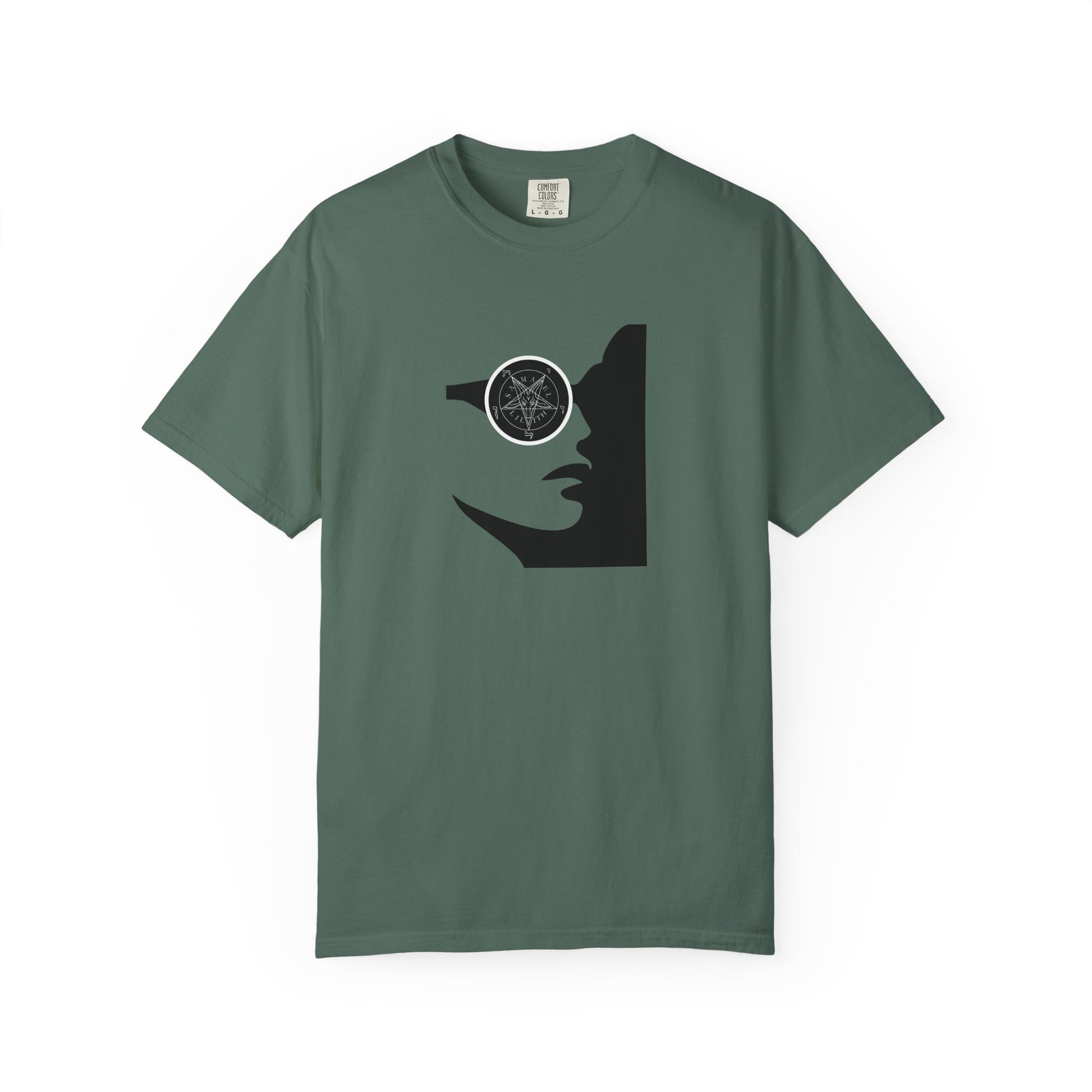 A dark green short-sleeve t-shirt with a black graphic of a face wearing sunglasses, where the lens is replaced by a pentagram symbol, shown on a plain white background.