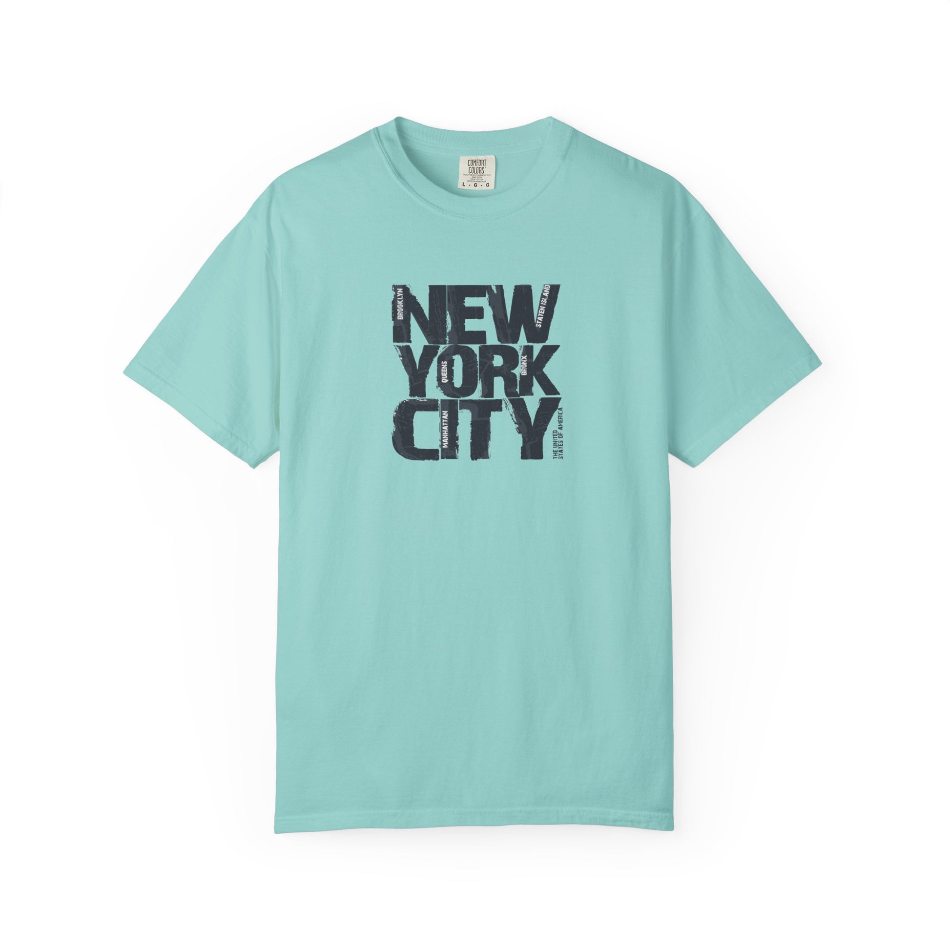 Light blue t-shirt with 'New York City' text on a white background