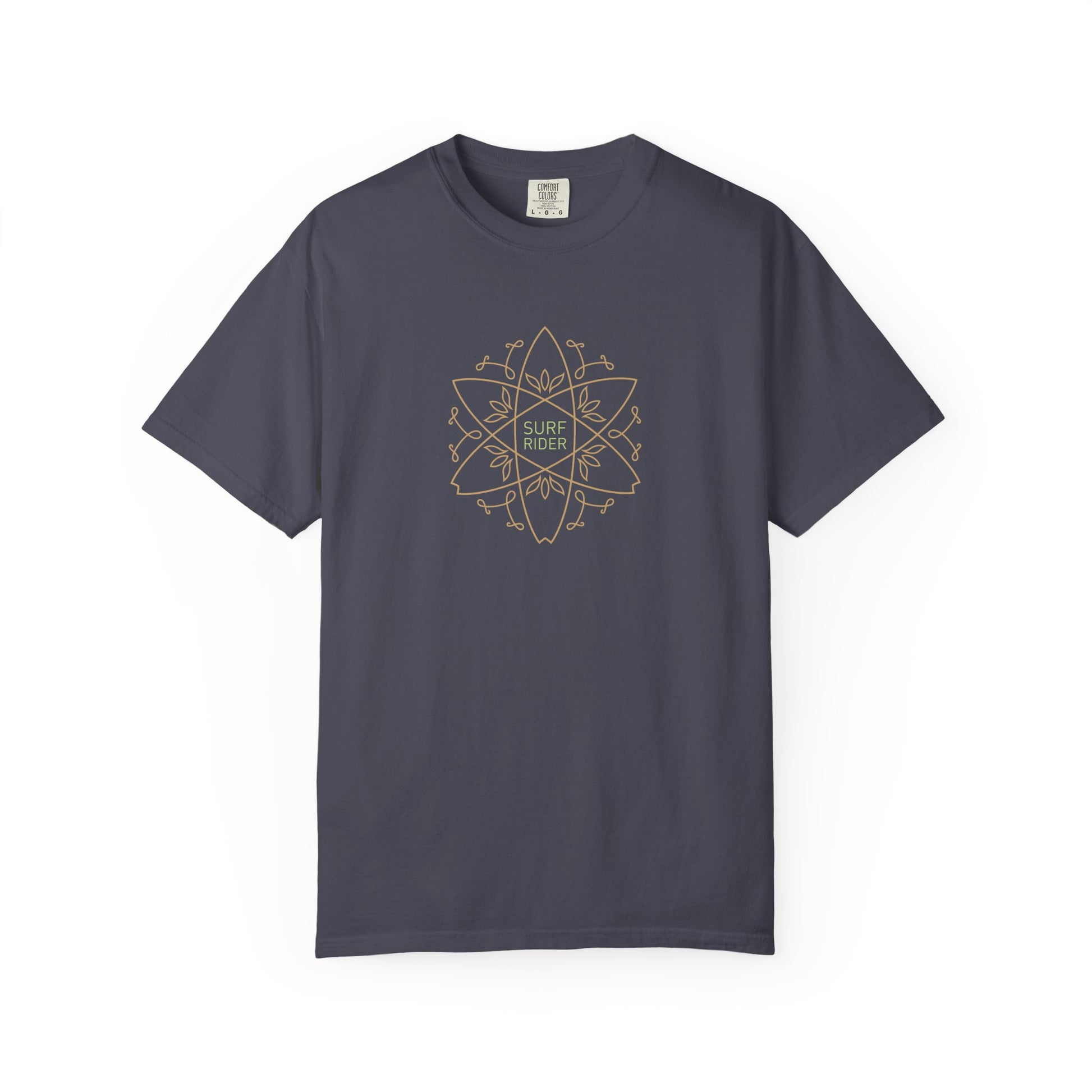 blur gray t-shirt with gold graphic design on a white background