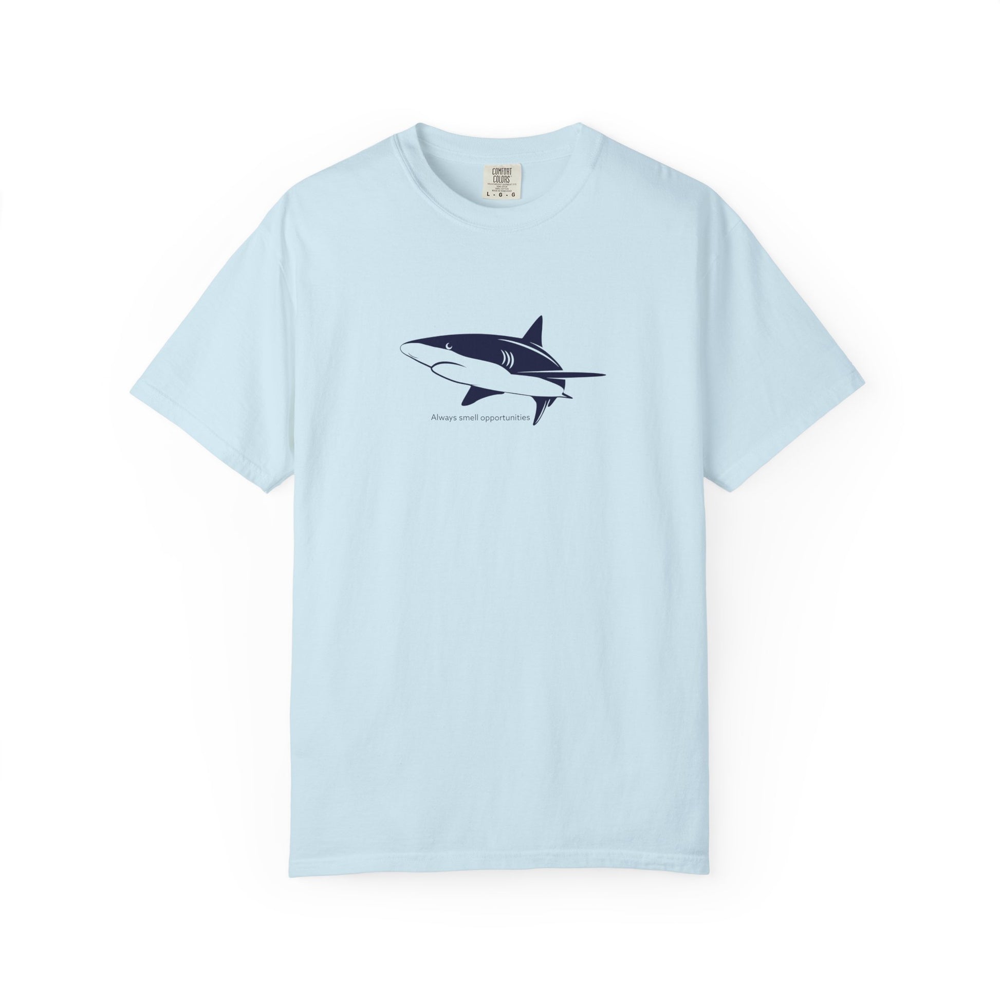 Light blue t-shirt with a shark graphic on a white background