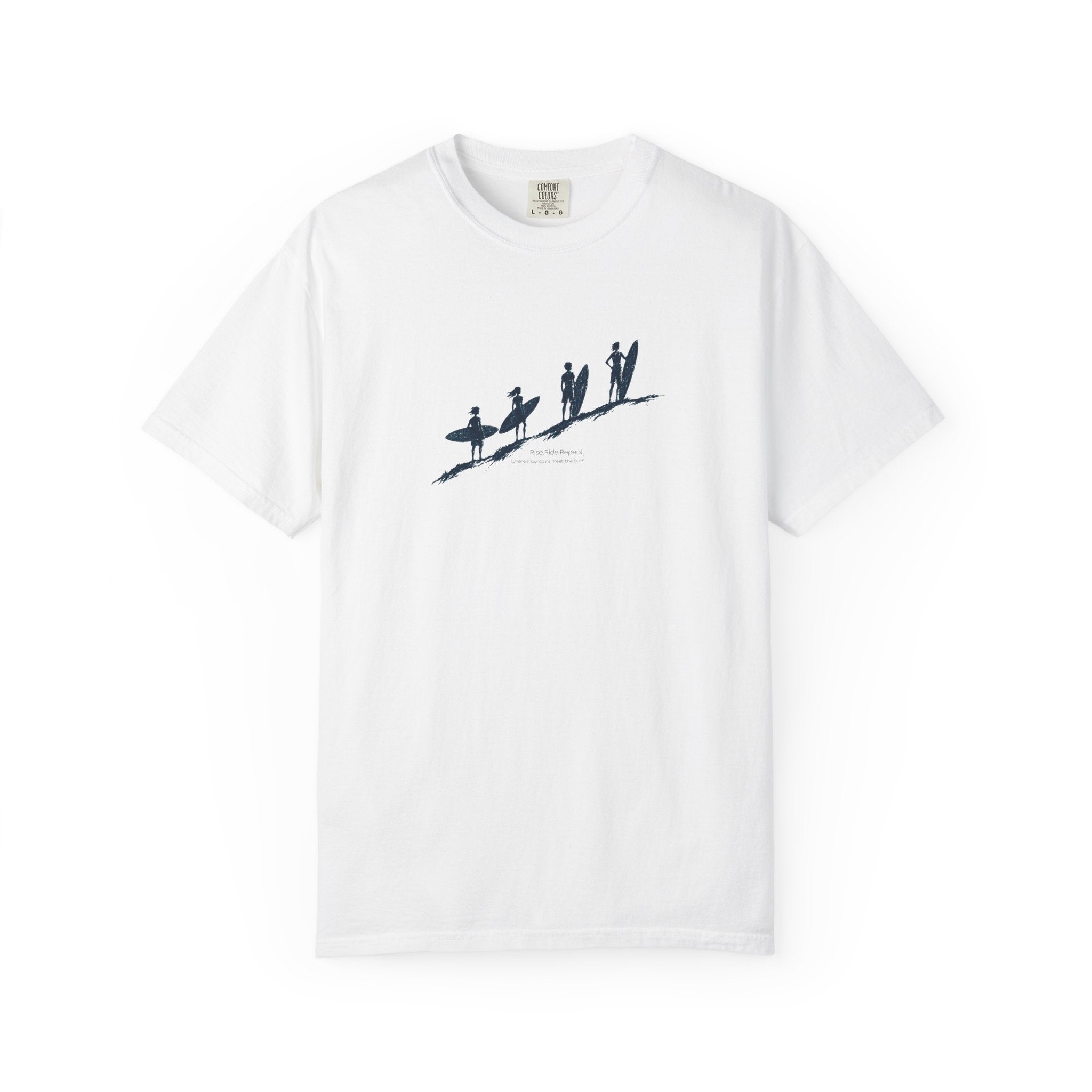 A white short-sleeve crewneck t-shirt featuring a dark navy blue graphic of surfers on a slope across the chest, displayed against a clean white background.