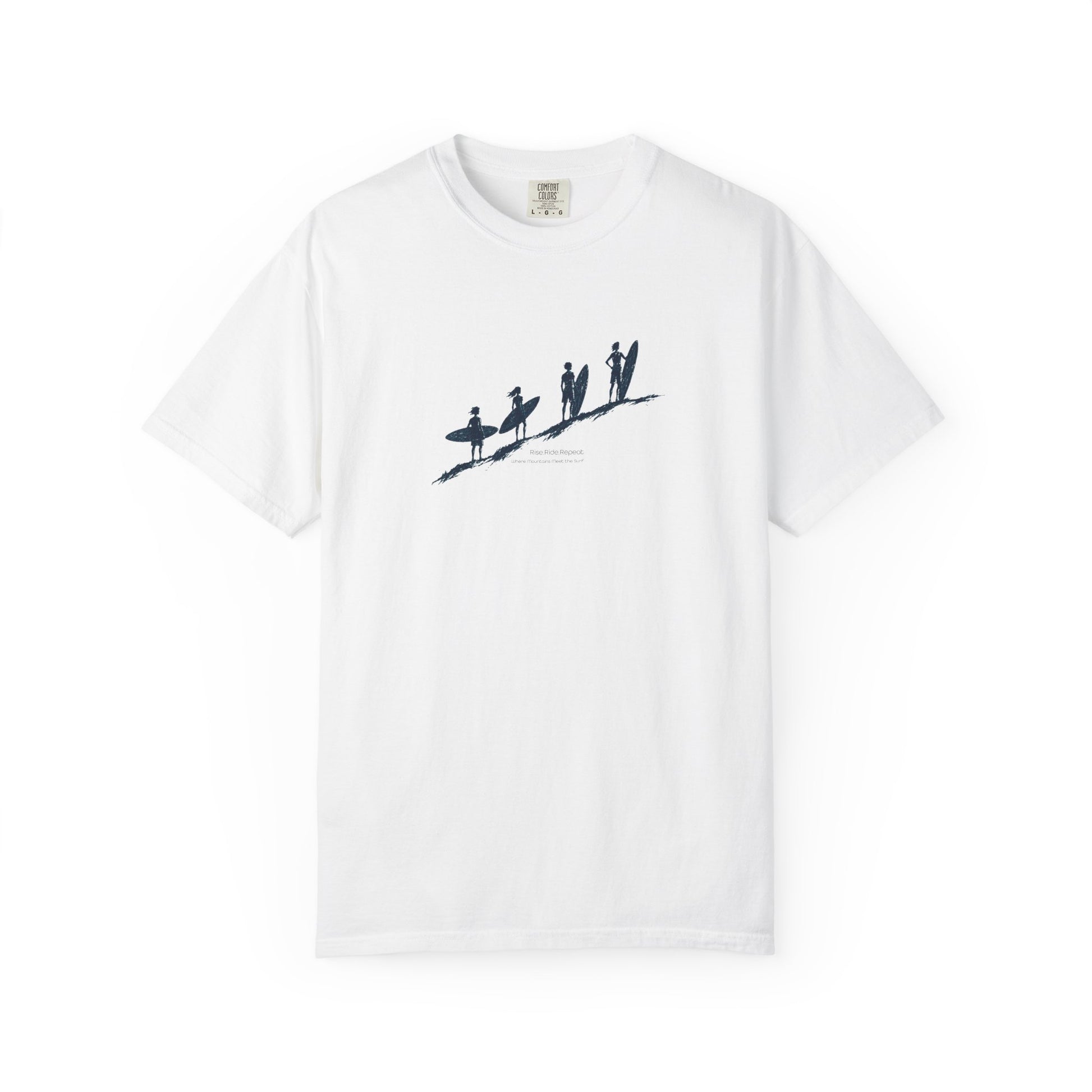 A white short-sleeve crewneck t-shirt featuring a dark navy blue graphic of surfers on a slope across the chest, displayed against a clean white background.