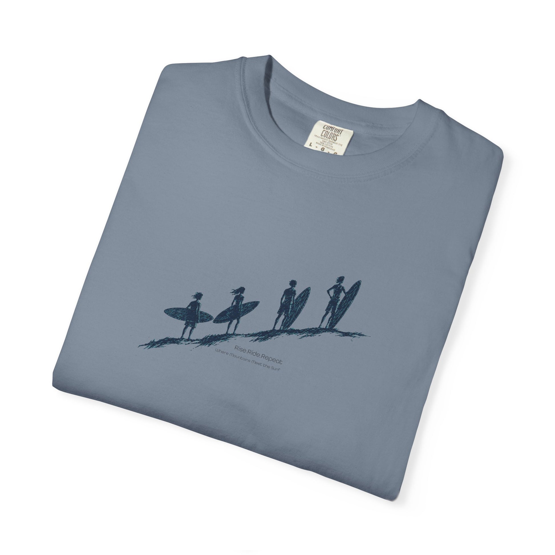 Folded teal t-shirt with 'tivingPraise Apparel' text on a white background