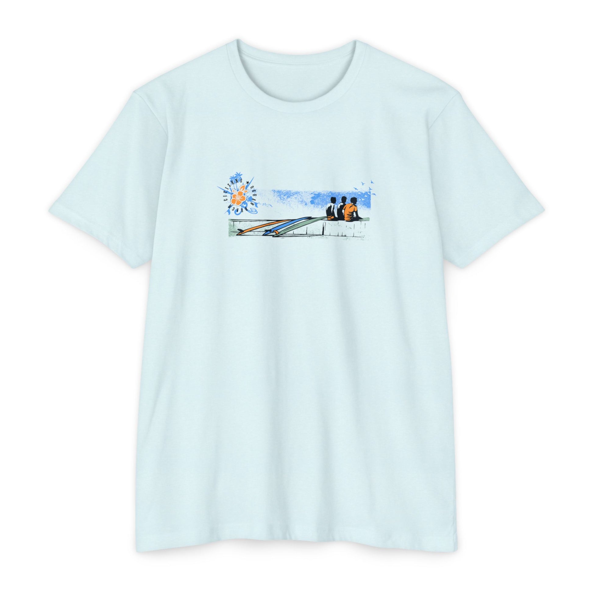 Light blue Ocean surf lifestyle graphic tee with surfboards and surfers coastal beach scene