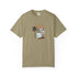 Beige t-shirt with a graphic design on a white background