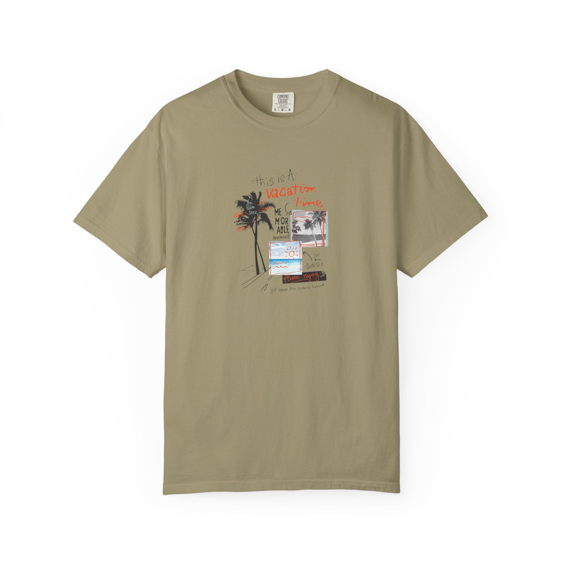 Beige t-shirt with a graphic design on a white background