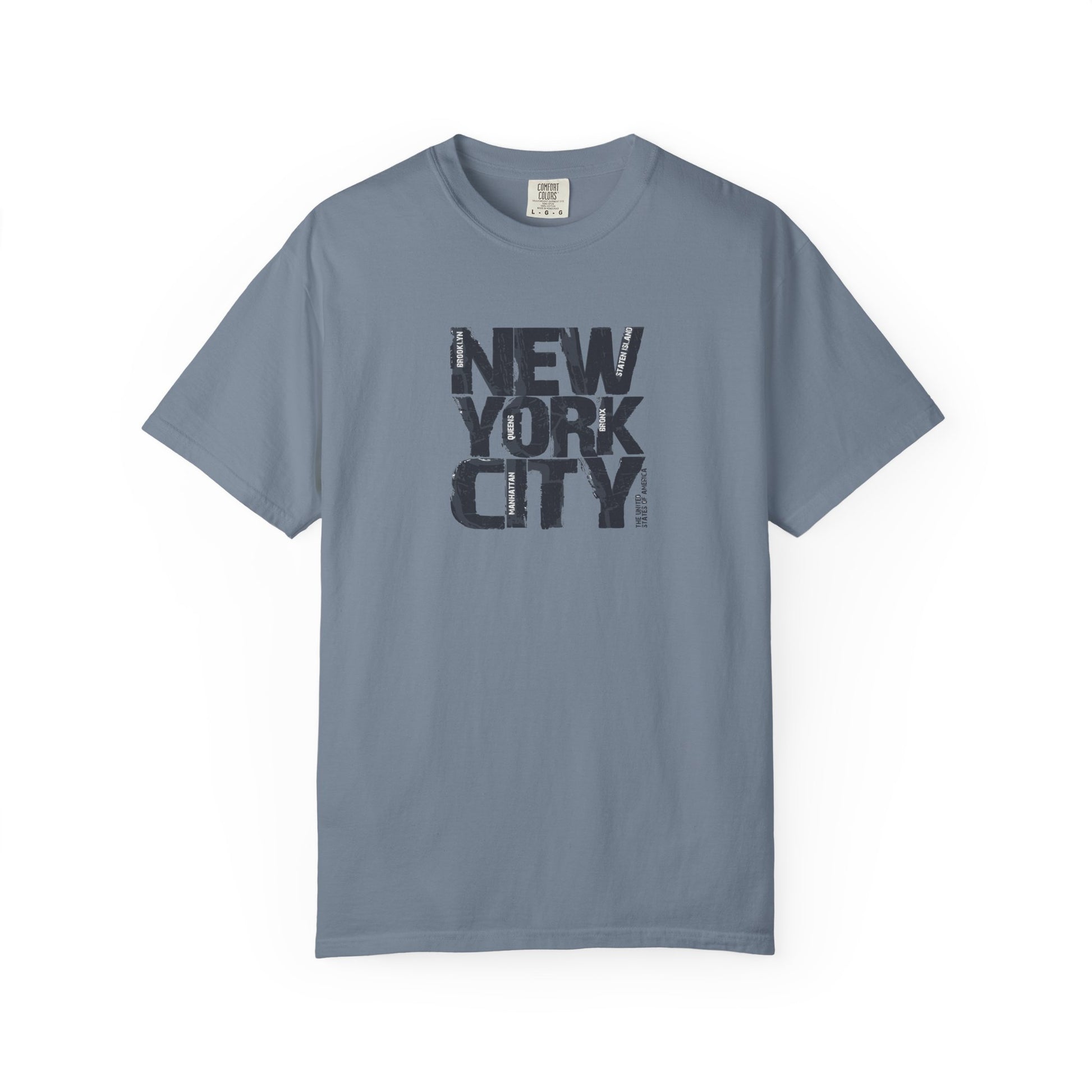 Gray t-shirt with 'New York City' text on a white background
