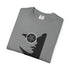 A folded gray crewneck t-shirt featuring a black graphic of a woman's profile with a circular pentagram design over her eye, displayed on a clean white background.