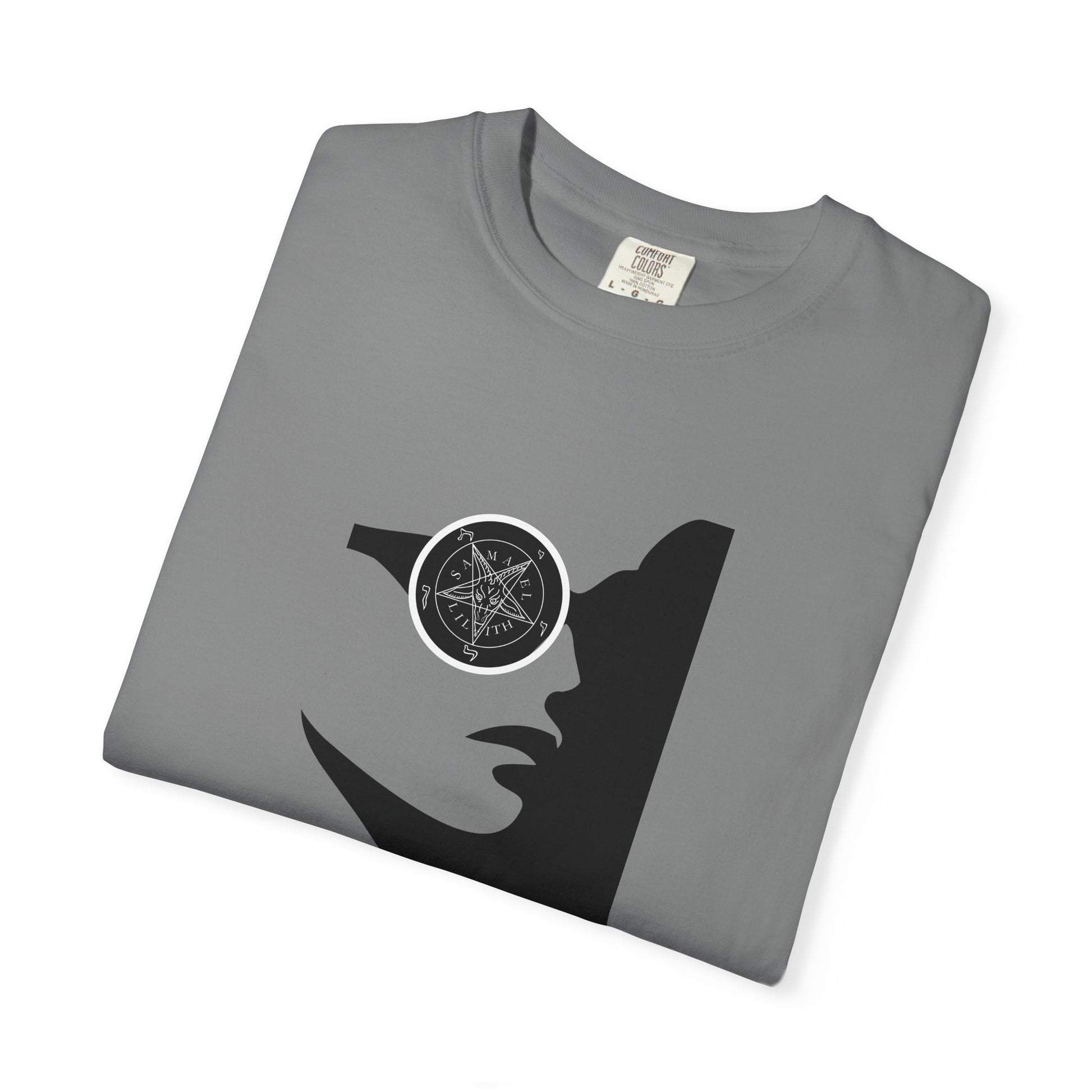 A folded gray crewneck t-shirt featuring a black graphic of a woman's profile with a circular pentagram design over her eye, displayed on a clean white background.