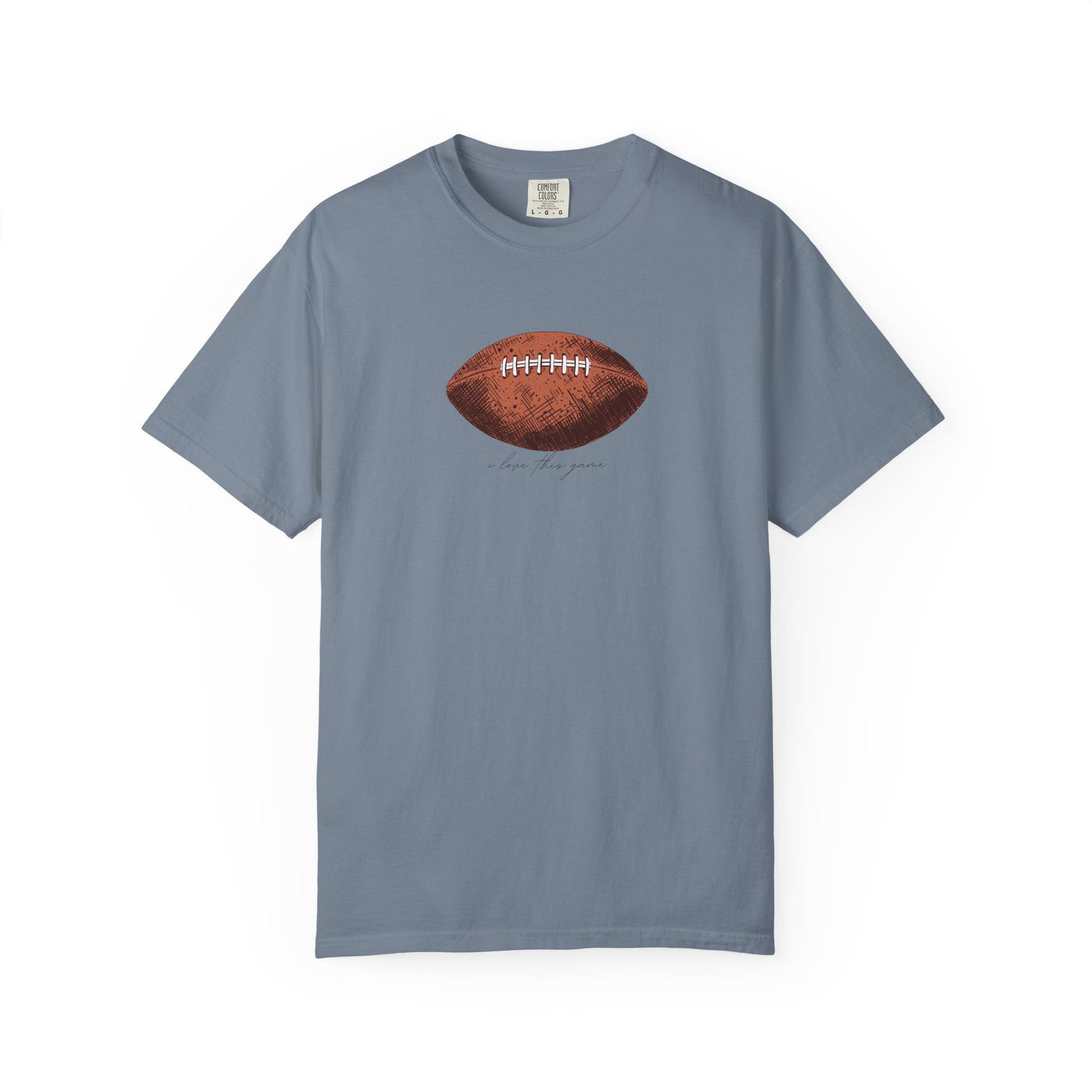 Gray t-shirt with a football graphic on a white background