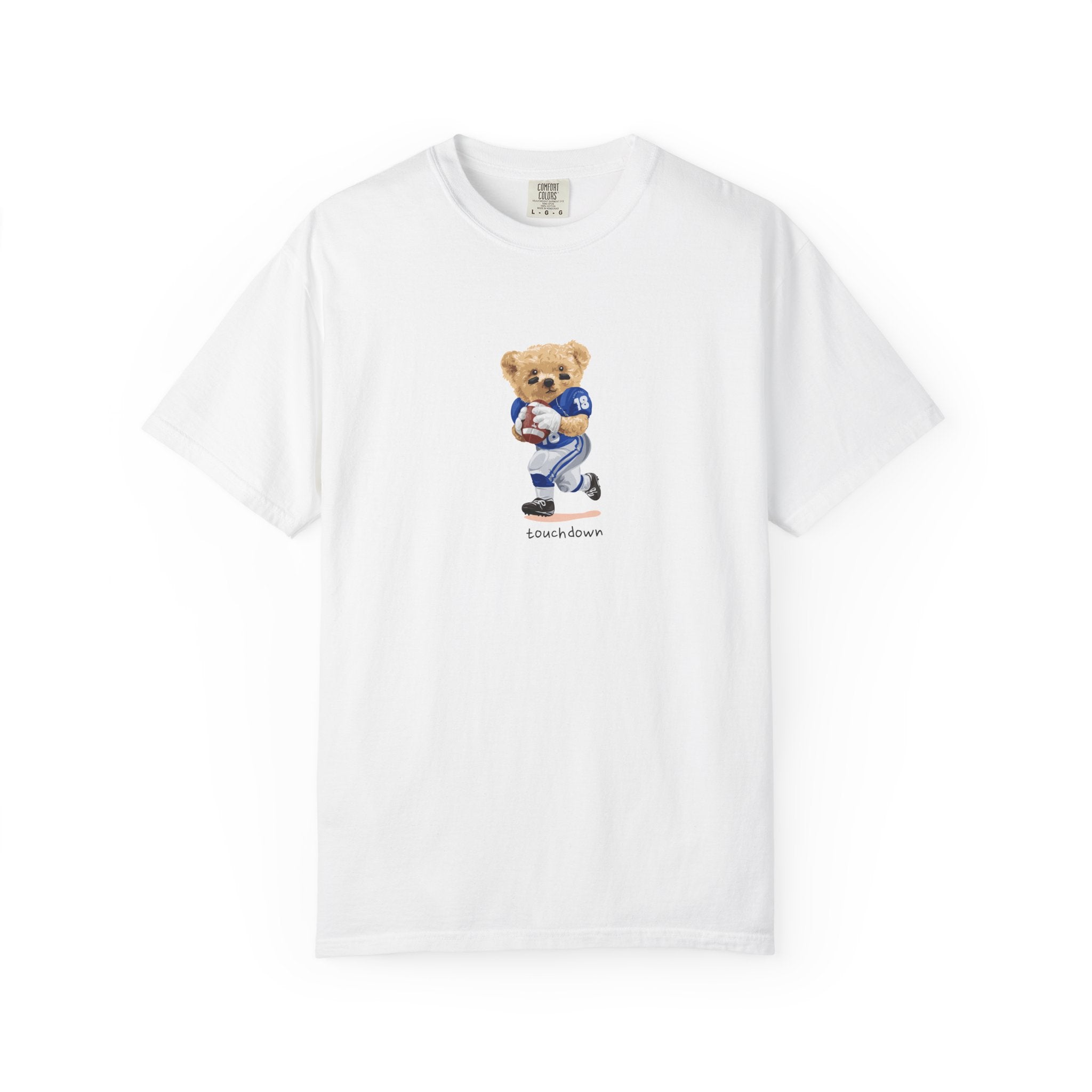 White t-shirt with a bear graphic holding a football on a white background