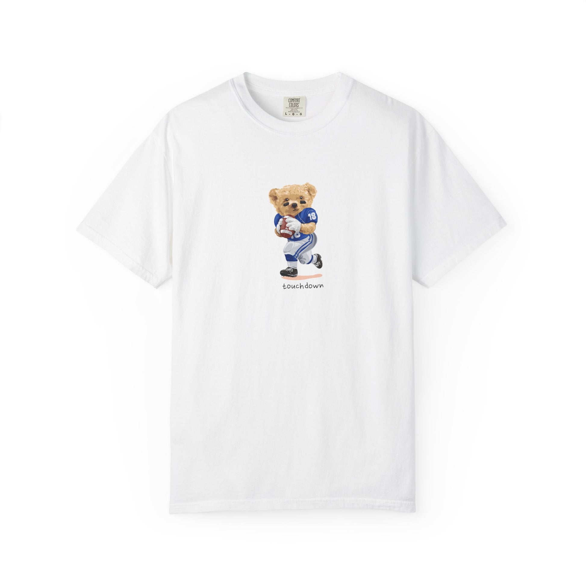 White t-shirt with a bear graphic holding a football on a white background