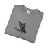 Folded gray t-shirt with black graphic design on a white background