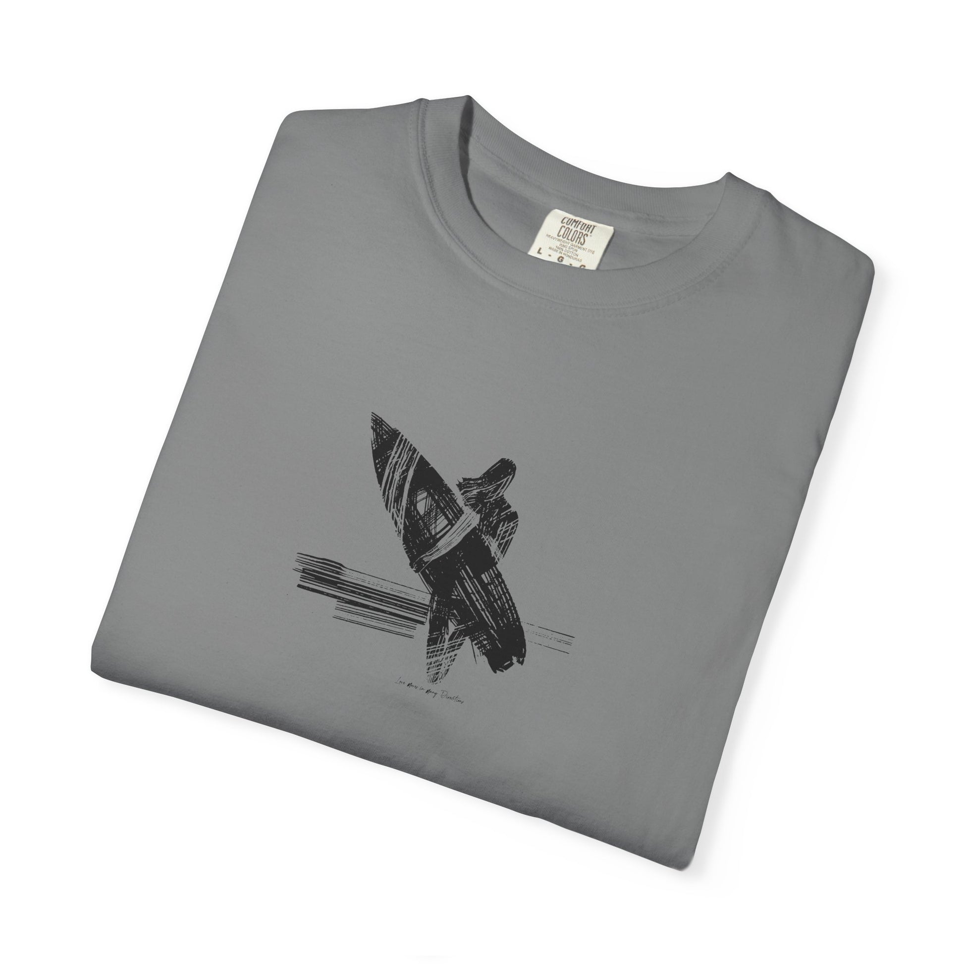 Folded gray t-shirt with black graphic design on a white background