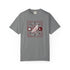 A gray short-sleeve crewneck t-shirt featuring a central graphic print of a pink bird inside a red pentagram, surrounded by circular red and white symbols on a white background.