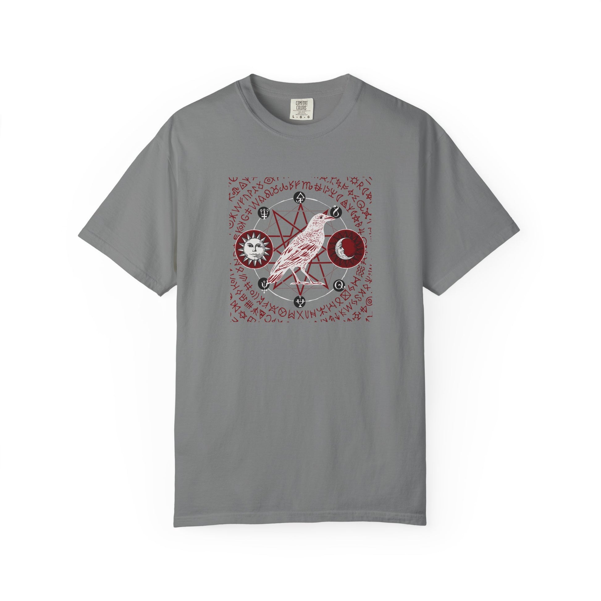 A gray short-sleeve crewneck t-shirt featuring a central graphic print of a pink bird inside a red pentagram, surrounded by circular red and white symbols on a white background.