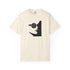 An off-white short-sleeve crewneck t-shirt featuring a black graphic print of a woman's profile wearing a circular eyepiece with a pentagram symbol.