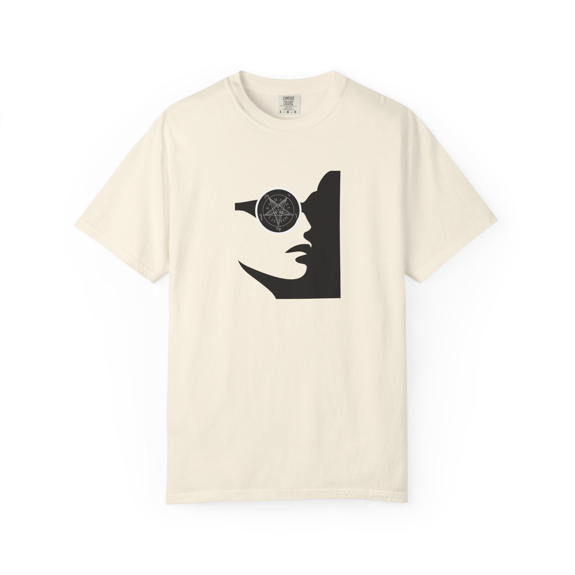 An off-white short-sleeve crewneck t-shirt featuring a black graphic print of a woman's profile wearing a circular eyepiece with a pentagram symbol.