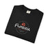 Black t-shirt with a ship graphic and text on a white background