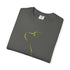 Folded gray t-shirt with a graphic of crossed rifles and bullets on a white background