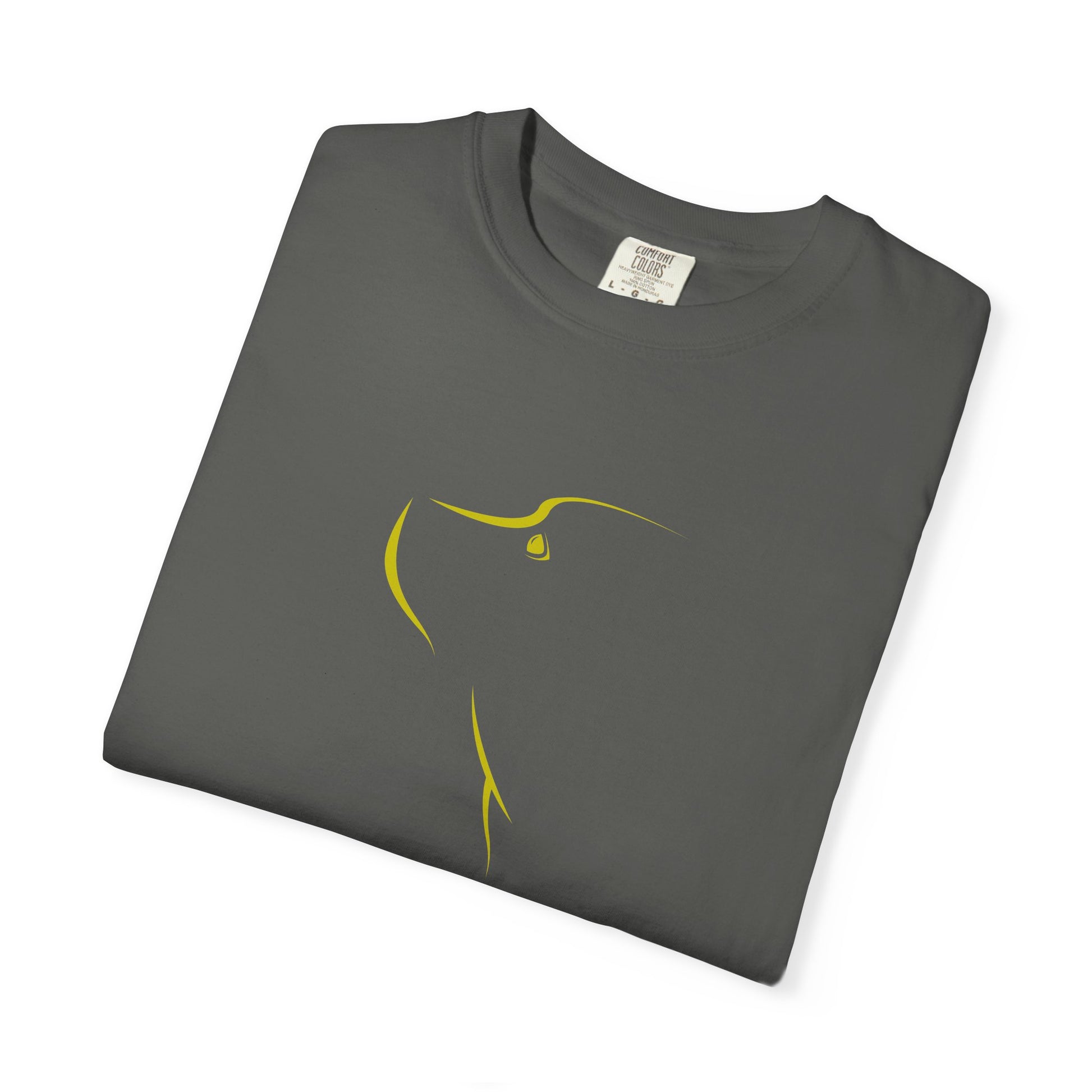 Folded gray t-shirt with a graphic of crossed rifles and bullets on a white background