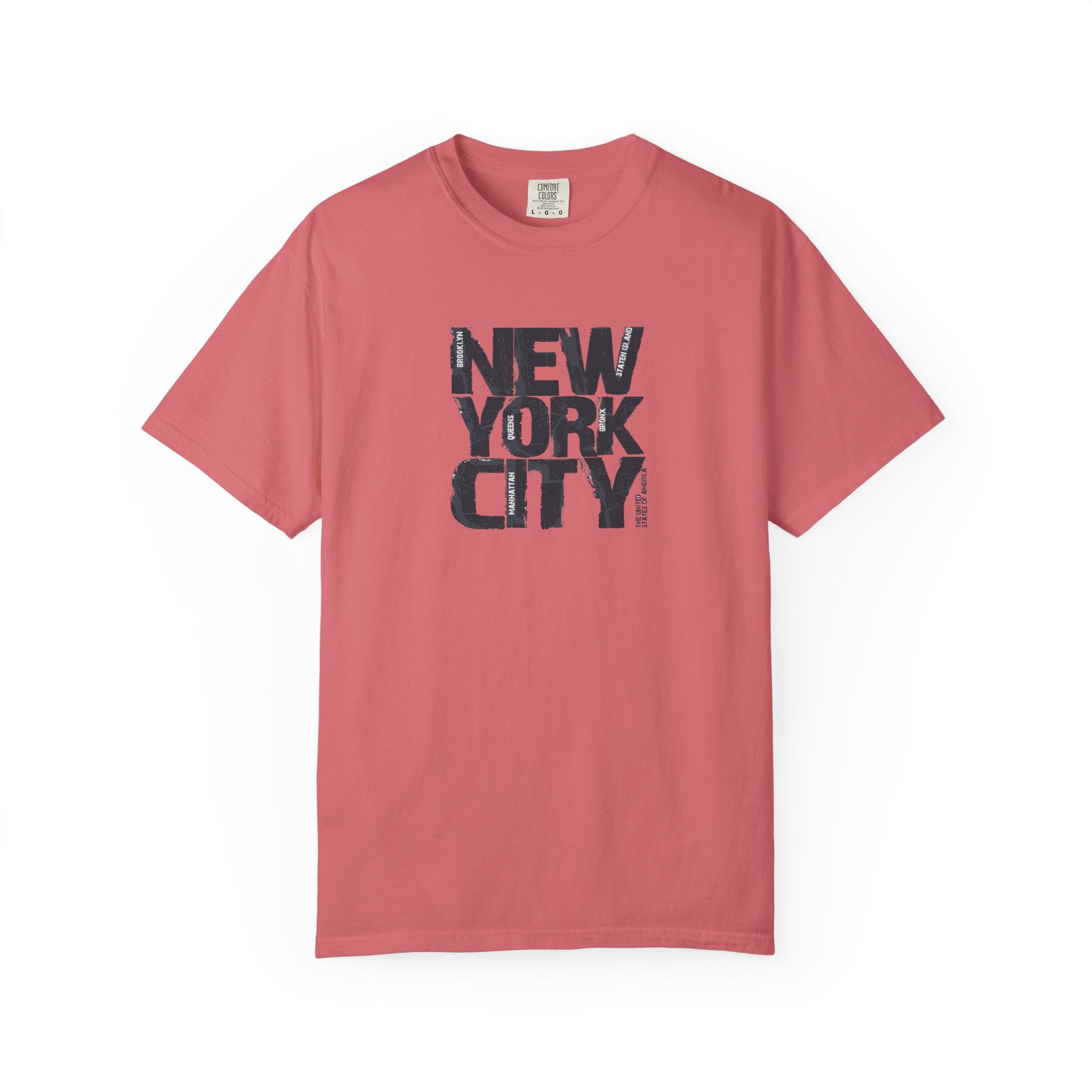 Pink t-shirt with 'New York City' text on a white background