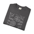 Folded dark gray t-shirt with white graphic design on a white background