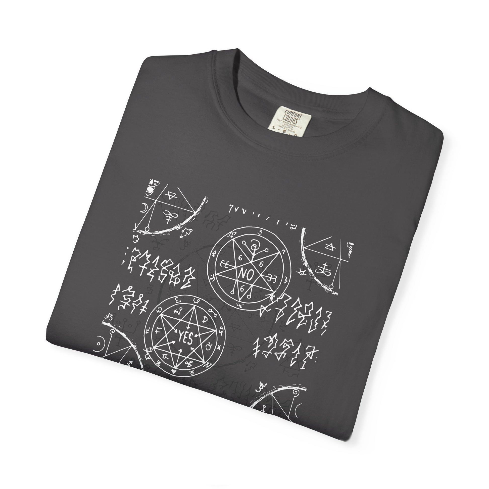 Folded dark gray t-shirt with white graphic design on a white background
