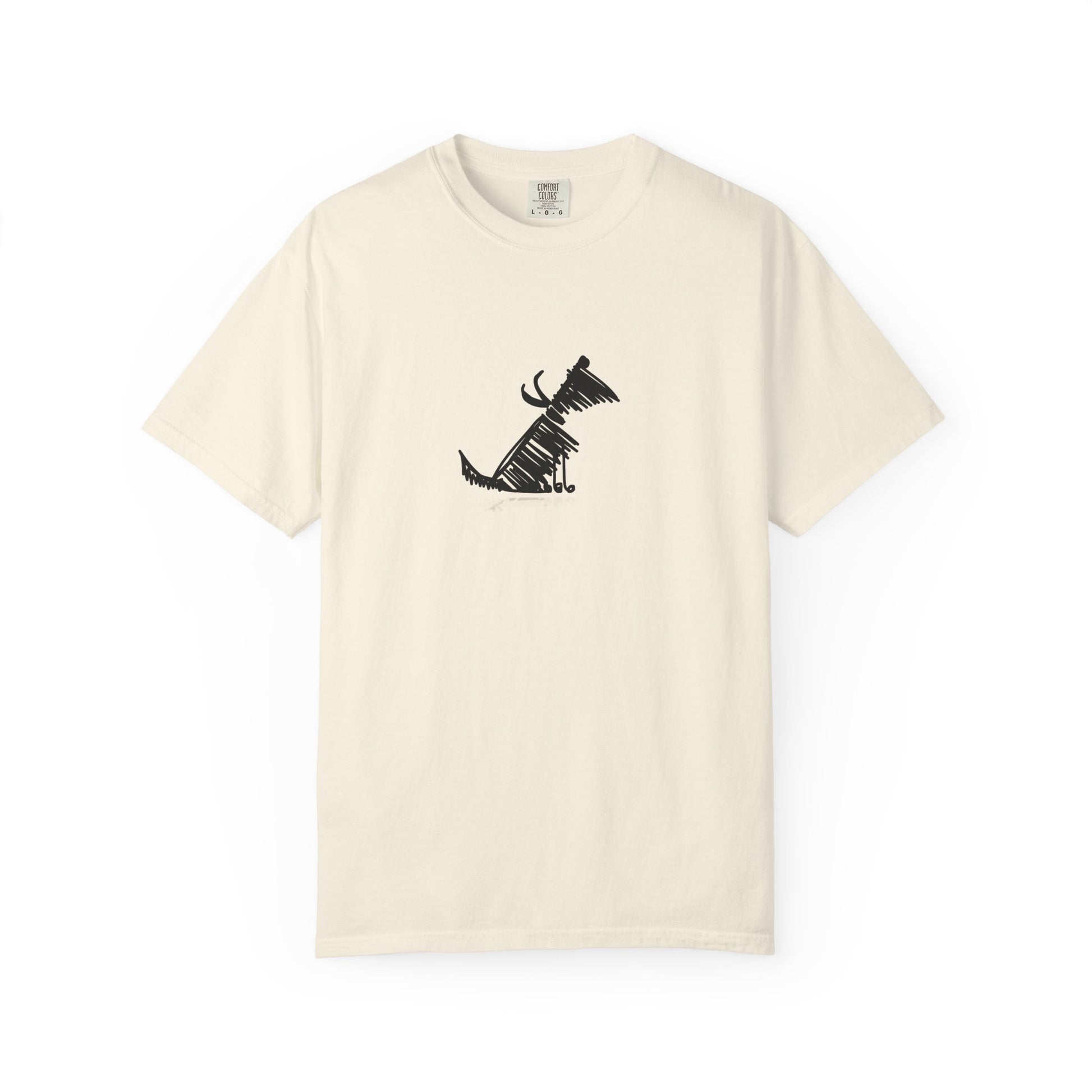 Beige t-shirt with a black dog  graphic