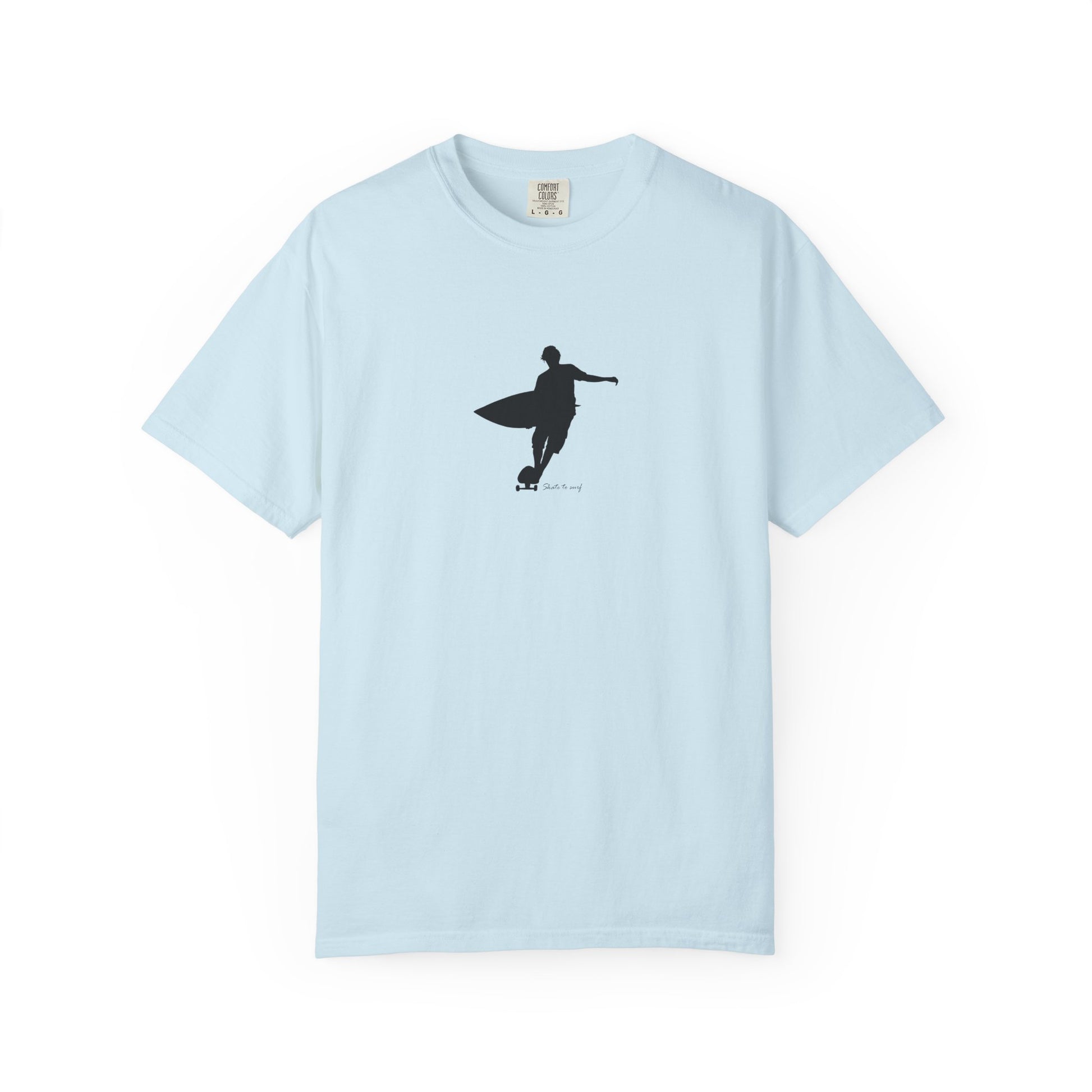 Minimal surfer silhouette graphic t-shirt with surfboard coastal surf design