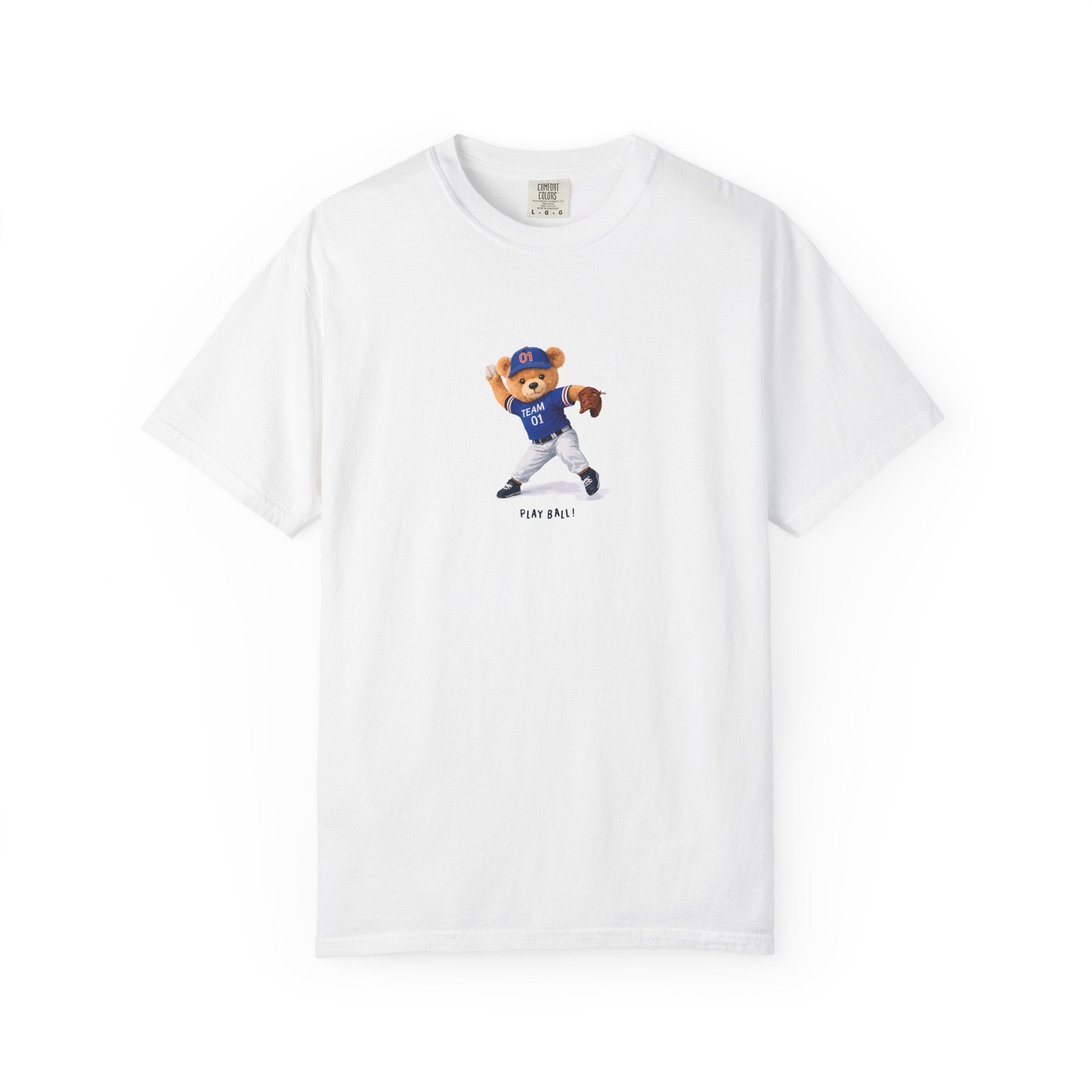 White t-shirt with a bear graphic wearing a blue cap and white pants on a white background