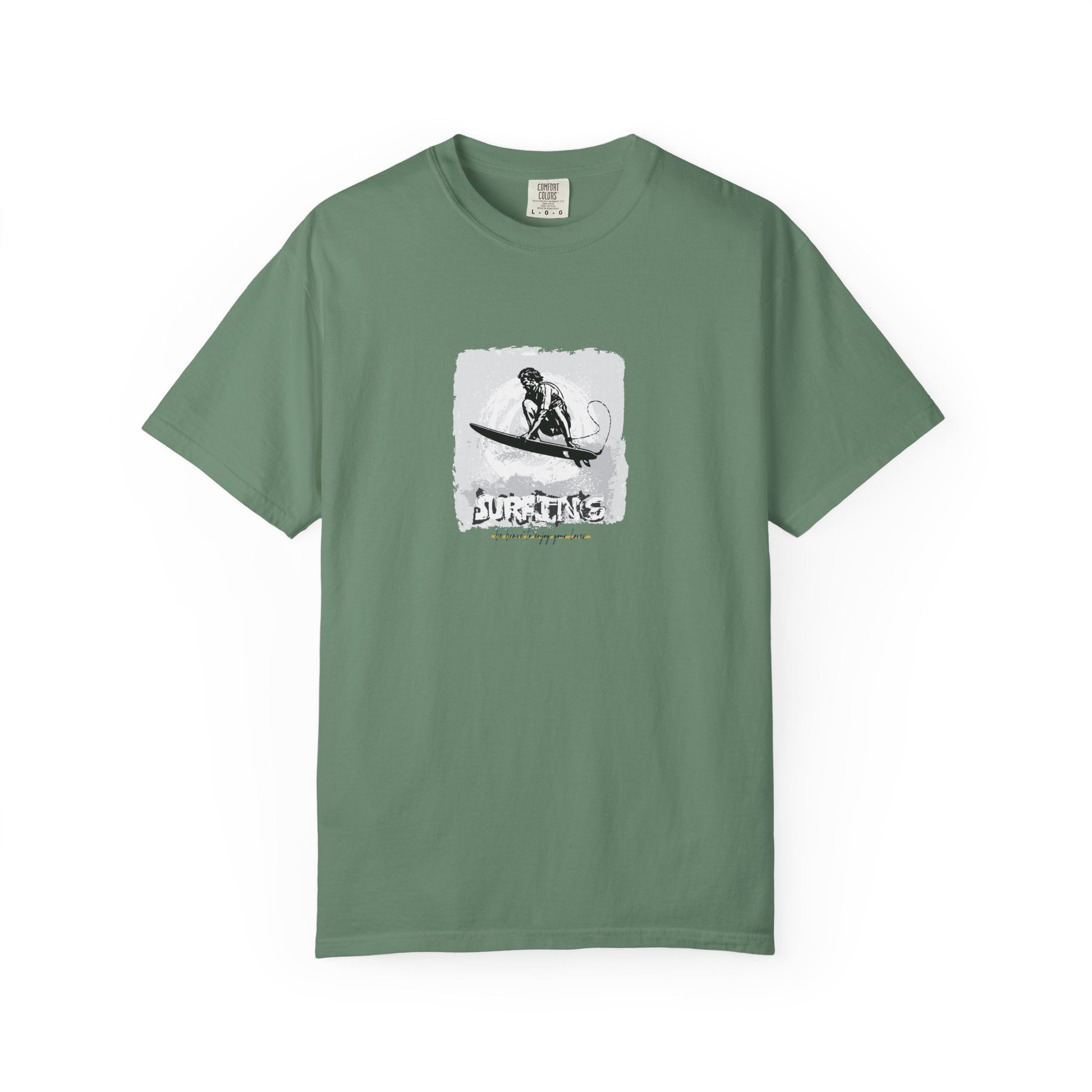 Green t-shirt with a graphic design on a white background