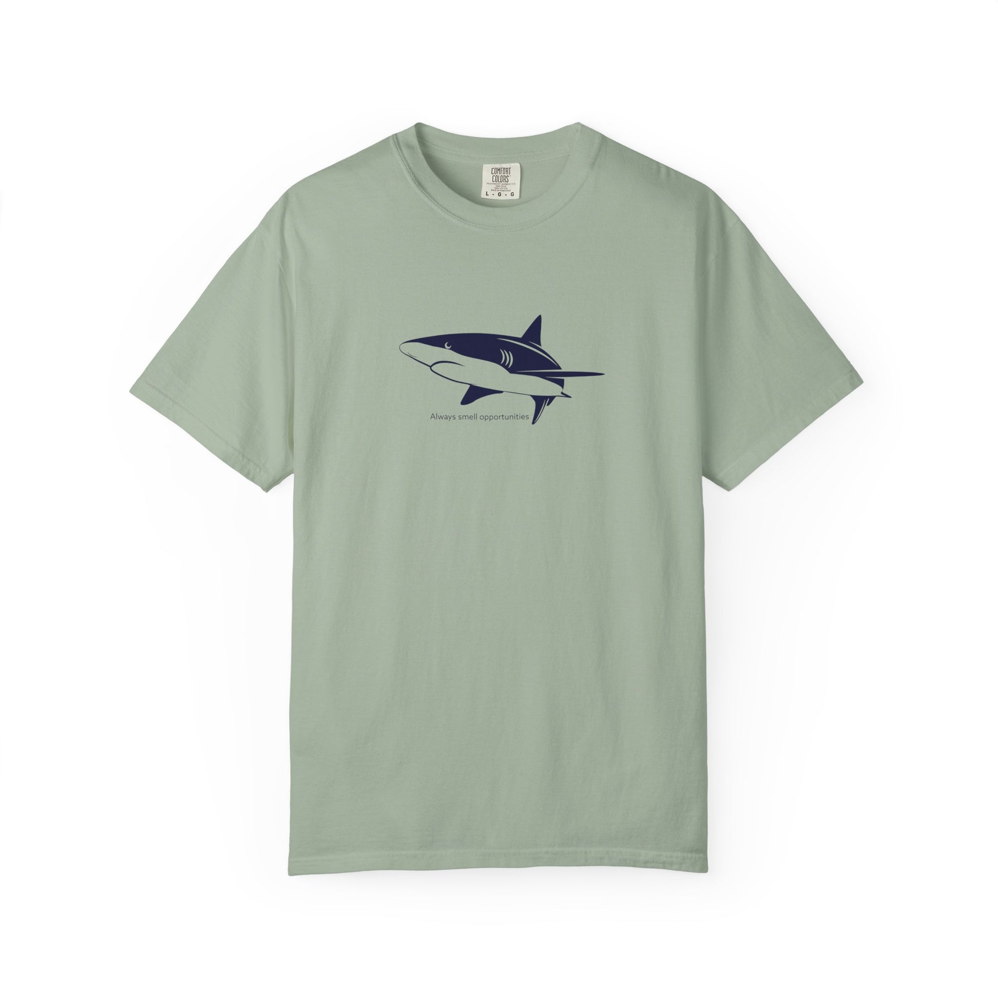 Light green t-shirt with graphic design and text on a white background