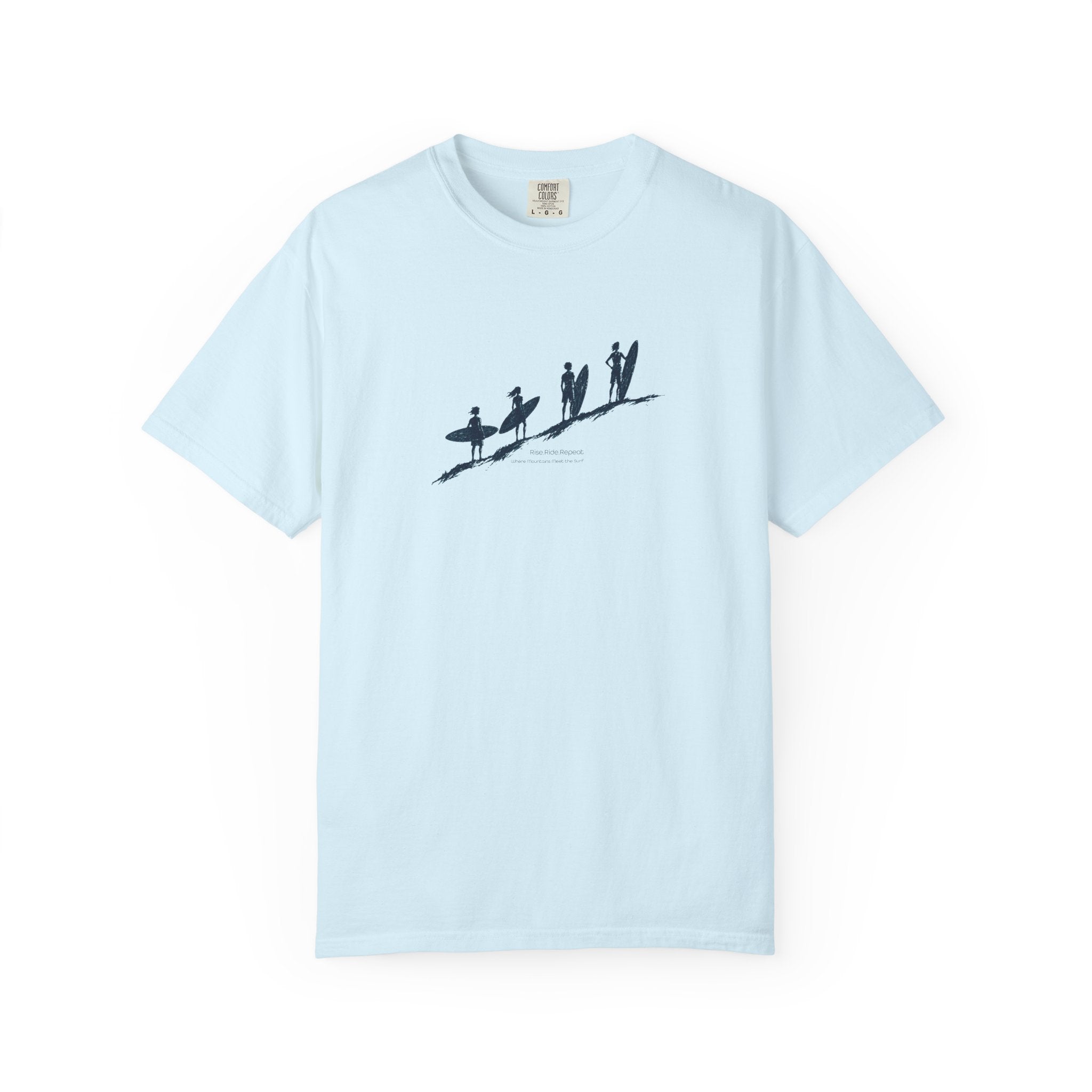 A light blue short-sleeve crewneck t-shirt featuring a black graphic print of surfers in an evolution-style sequence on the chest, displayed against a clean white background.