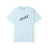 A light blue short-sleeve crewneck t-shirt featuring a black graphic print of surfers in an evolution-style sequence on the chest, displayed against a clean white background.
