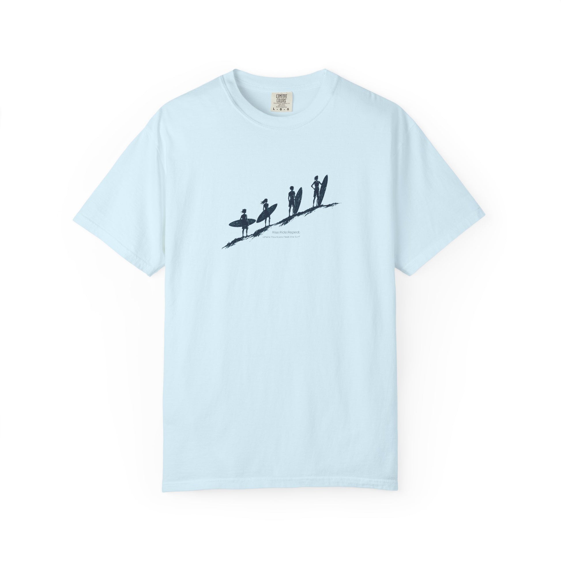 A light blue short-sleeve crewneck t-shirt featuring a black graphic print of surfers in an evolution-style sequence on the chest, displayed against a clean white background.