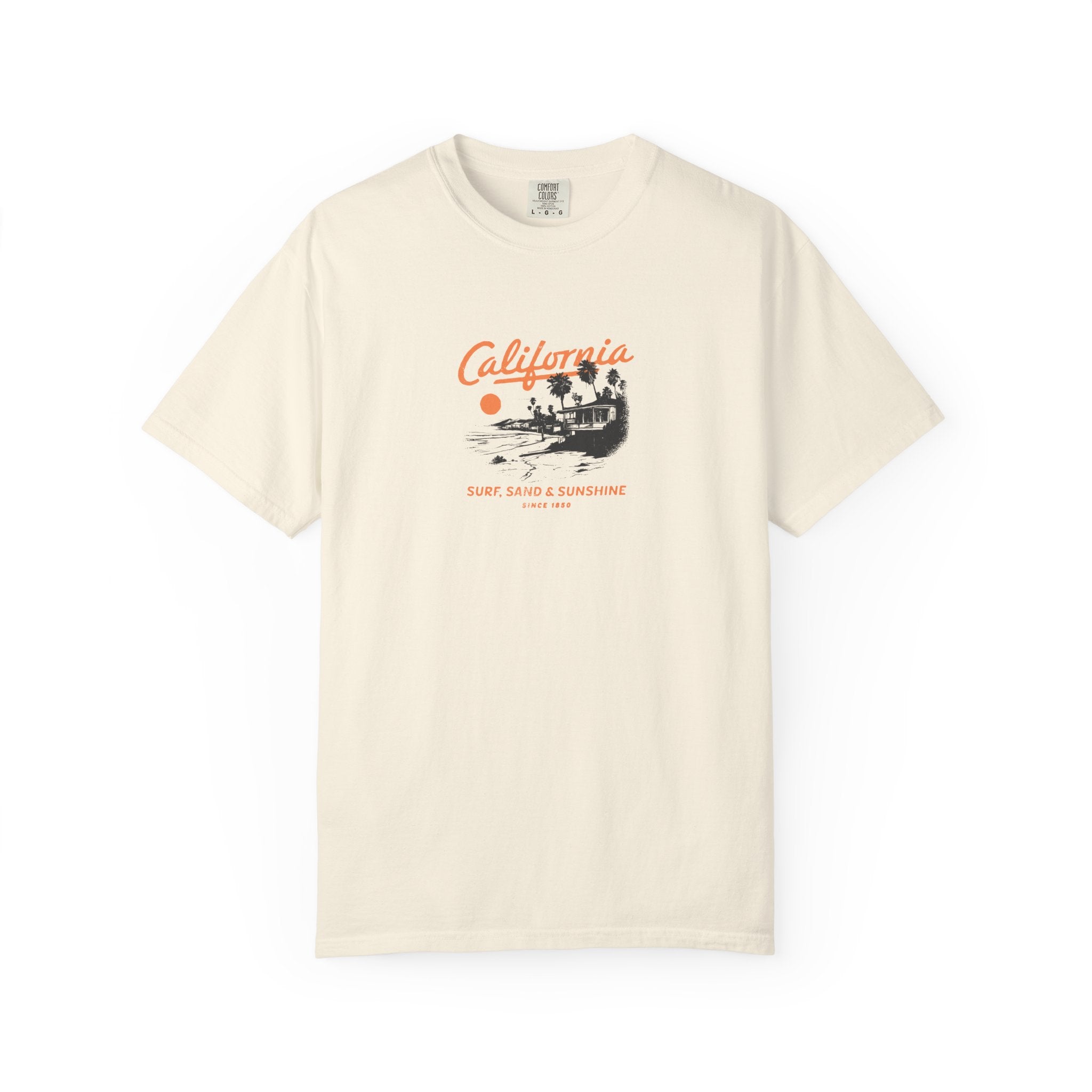 Beige t-shirt with 'California' graphic design on a white background