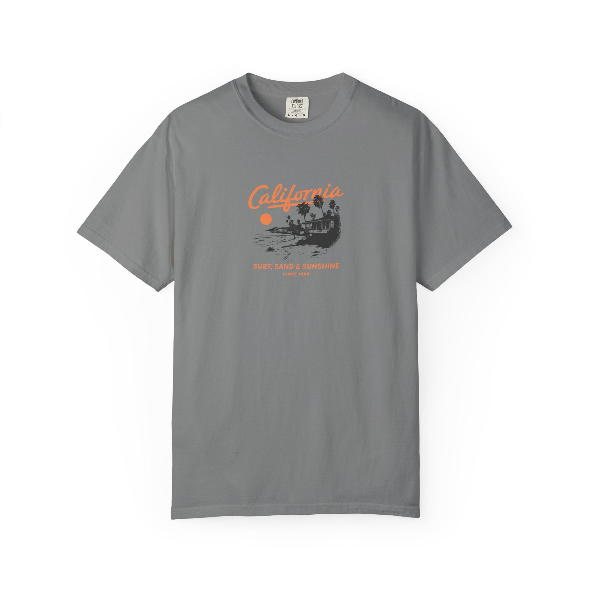 Gray t-shirt with 'California' graphic design on a white background