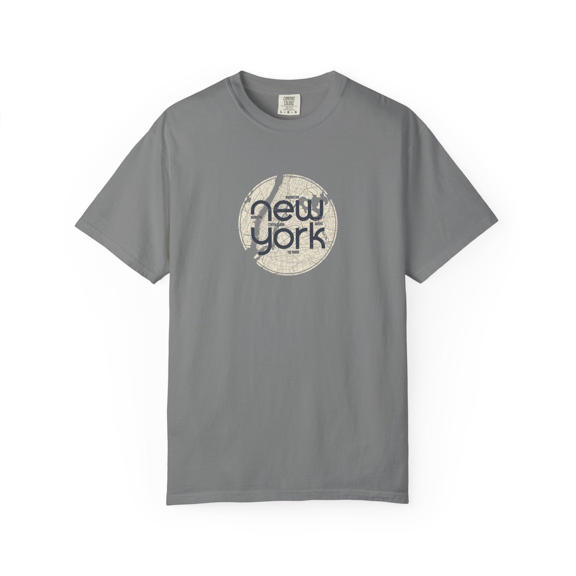 Gray t-shirt with 'New York' graphic on a white background