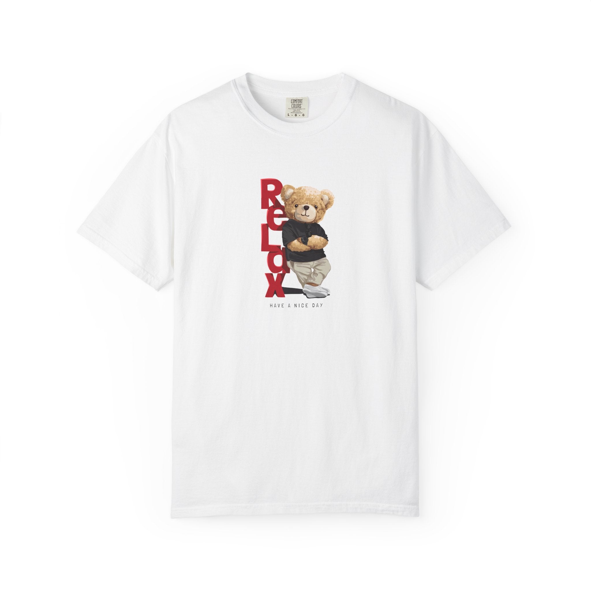 White relax teddy bear graphic t-shirt