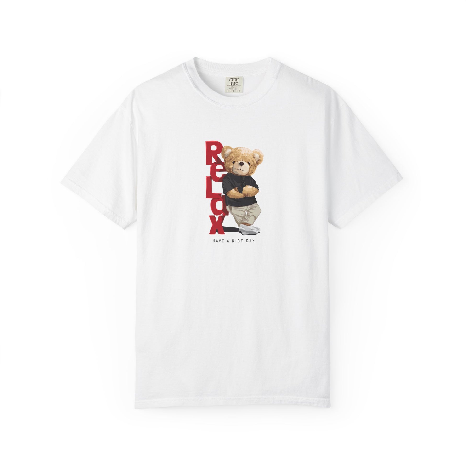 White t-shirt with a bear graphic and text on a white background