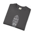 Folded gray t-shirt with a graphic of a person wearing overalls on a white background