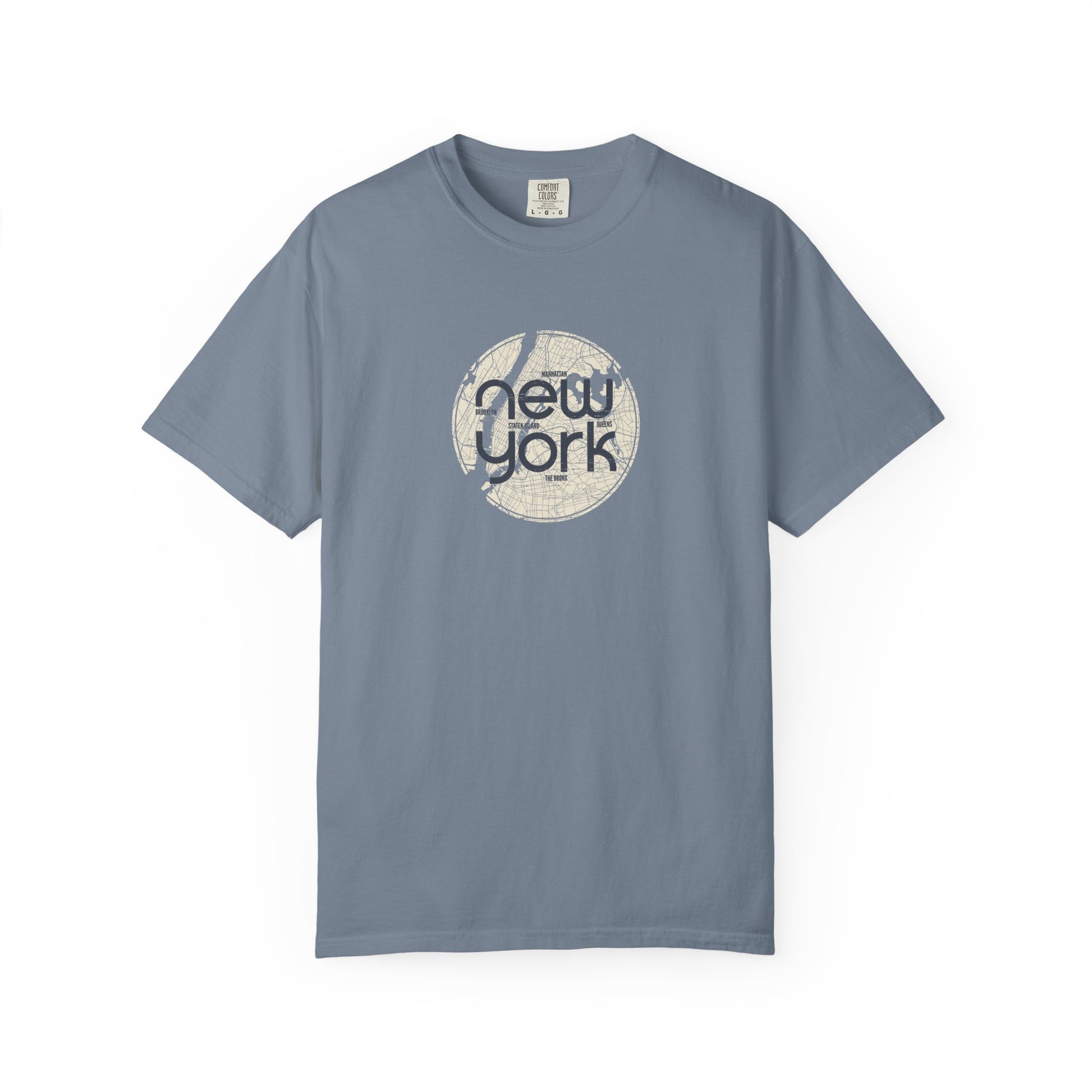 Blue t-shirt with 'New York' graphic on a white background