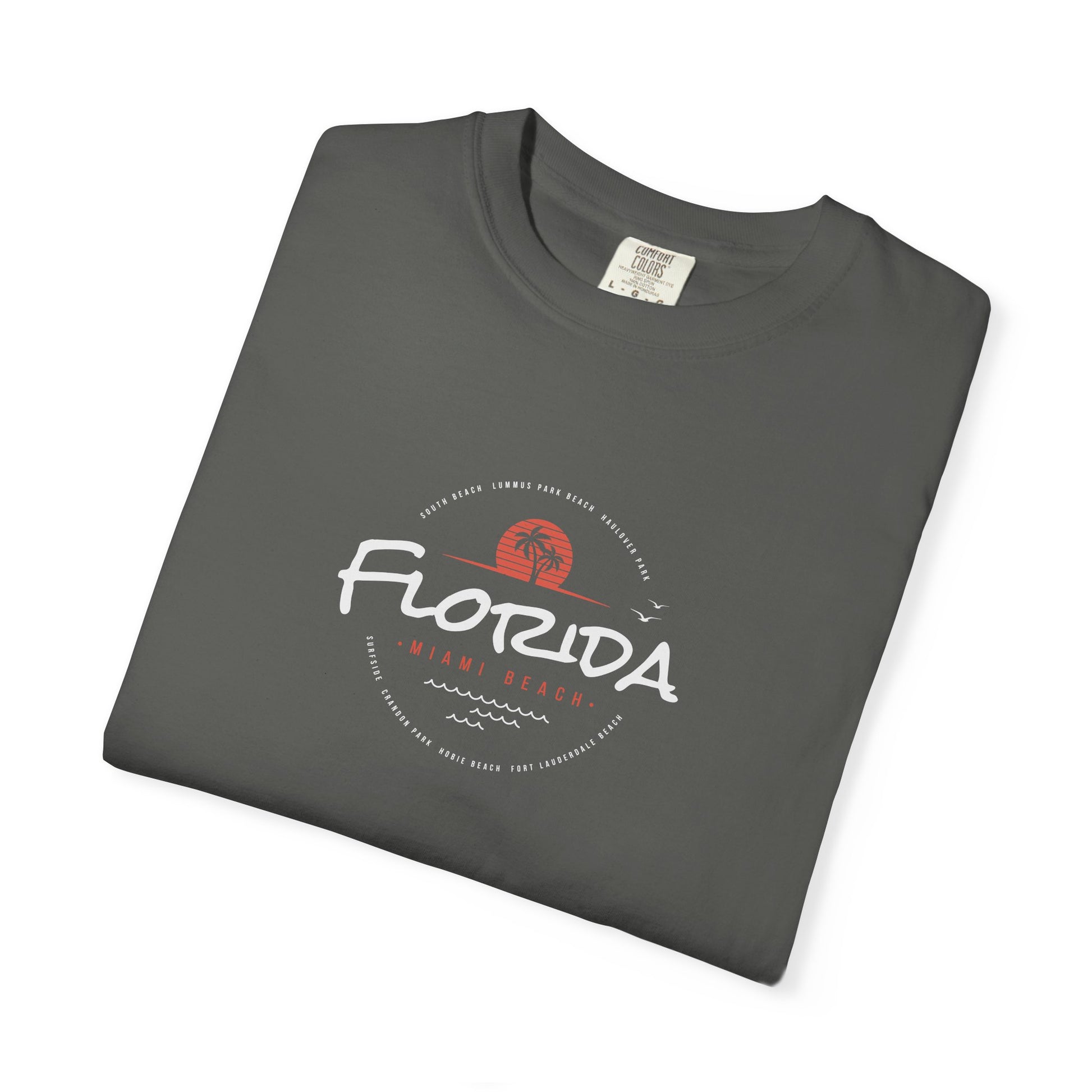 Black t-shirt with a ship graphic and text on a white background