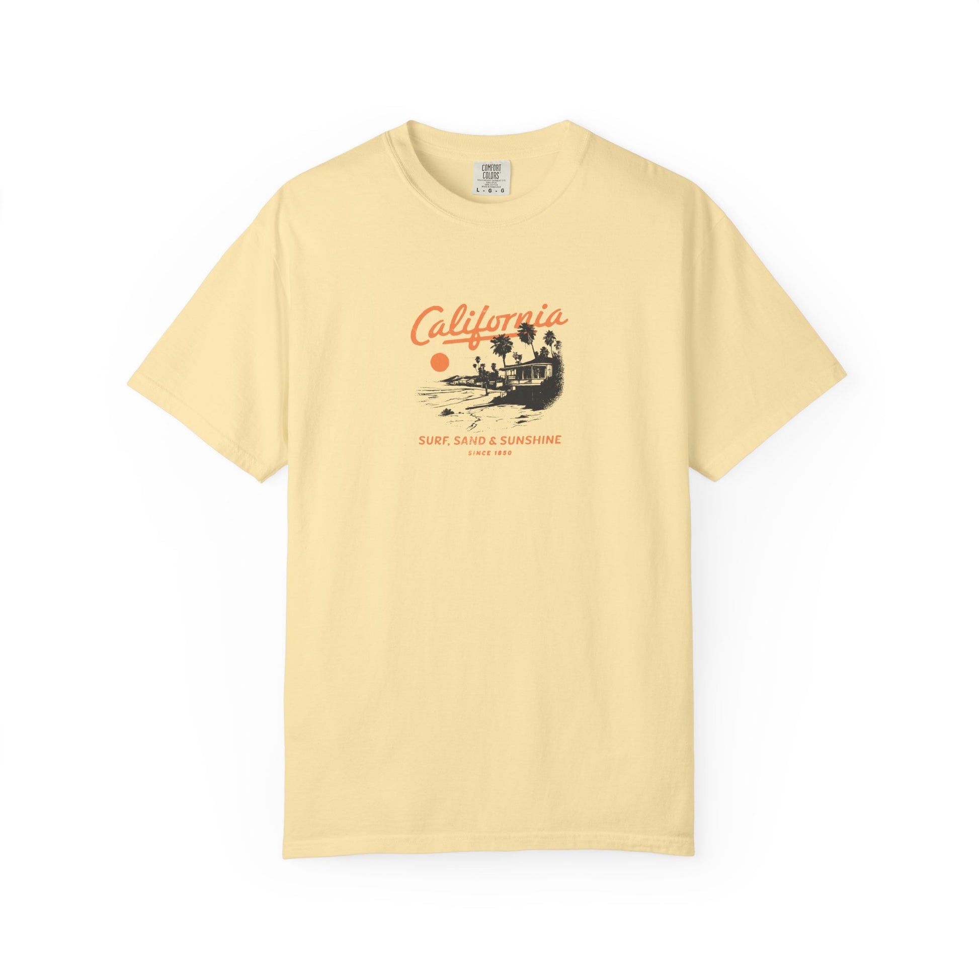 Yellow t-shirt with 'California' graphic design on a white background