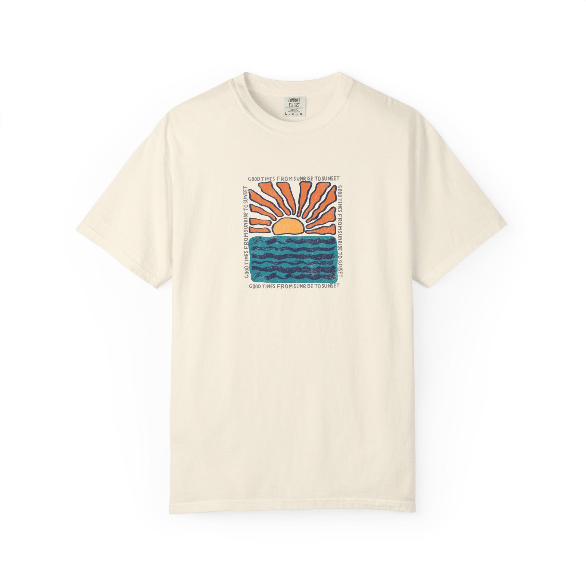 An off-white short-sleeve crewneck t-shirt featuring a central graphic of a sunset over blue ocean waves, with text reading 'I'D LIKE TO LEARN MORE ABOUT SUNSET' and 'SUNSET I'D LIKE TO LEARN MORE ABOUT'.
