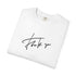 A folded white crewneck t-shirt with a black cursive 'Thank you' script printed on the front, displayed on a clean white background.