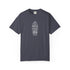 grey t-shirt with surf graphic and text on a white background