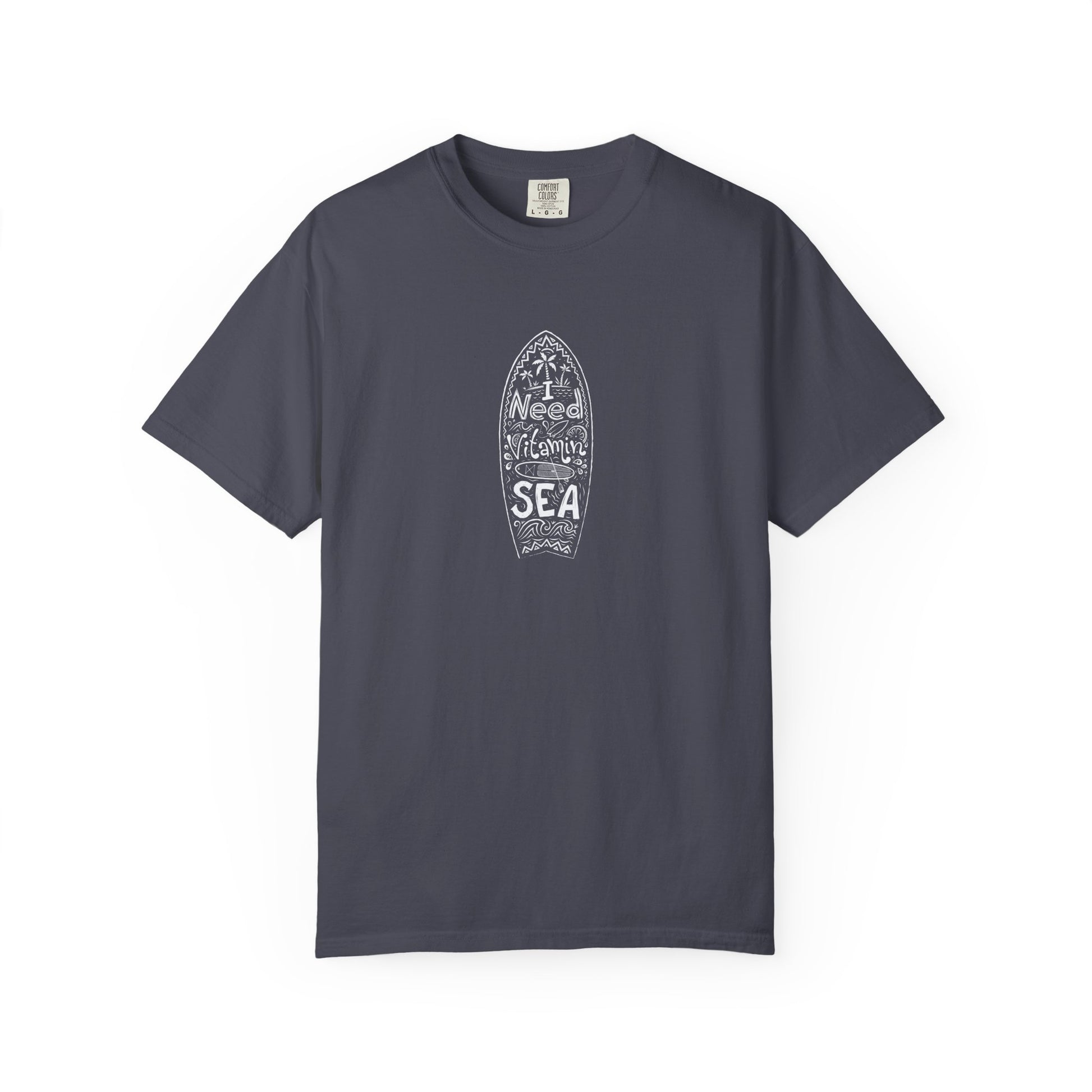 grey t-shirt with surf graphic and text on a white background