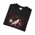 A folded black t-shirt with a red and white occult-style graphic featuring a raven, a pentagram, a sun, and a crescent moon, displayed on a clean white background.